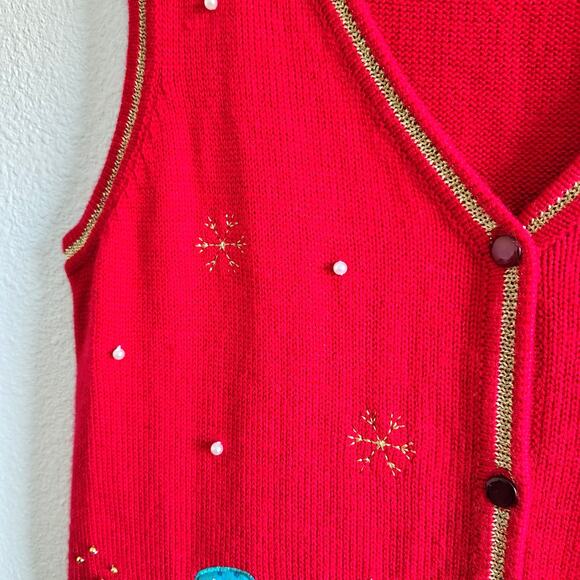 Womens Medium Red Christmas Tree Sleeveless Button Sweater Vest Snowman Pearl - Picture 4 of 8